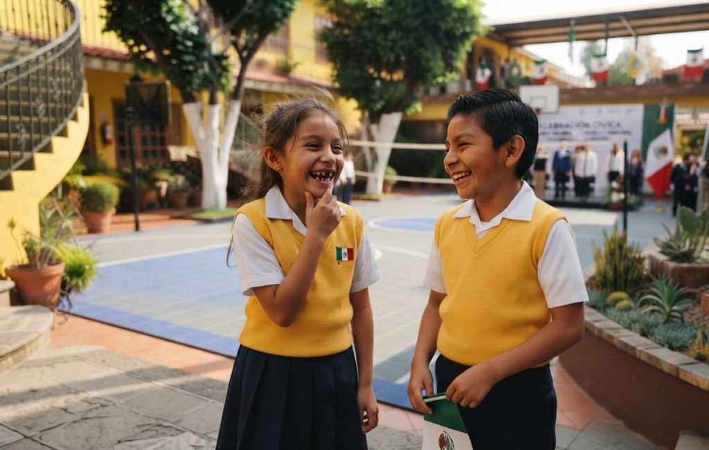 Niña y niño de primaria sonriendo en el patio del colegio